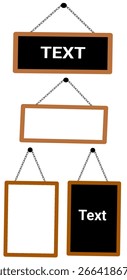 Hanging Blank and Text Message Boards on White Background. A set of four hanging signs or message boards. suitable for various design uses or as placeholders for custom messages.