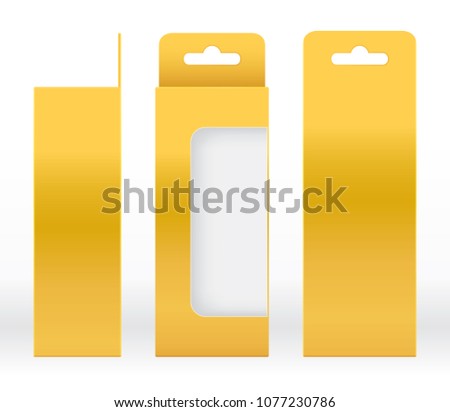 Hanging Box Gold window shape cut out Packaging Template blank. Luxury Empty Box Golden yellow Template design product package gift box, Yellow Gold Box packaging paper kraft package (illustration)