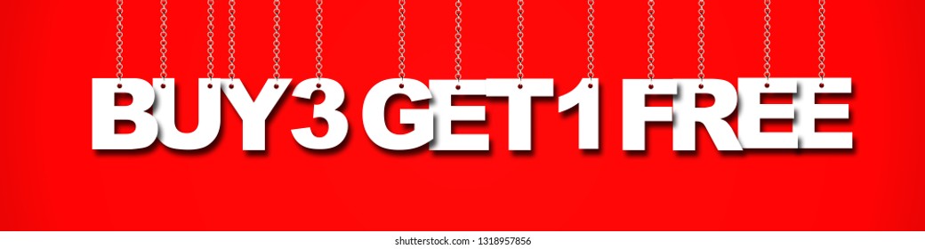 Hanging Buy Three Get One Free On Red Background.