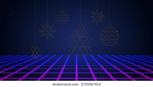 Hanging cluster of wireframe tree, snowflakes and baubles swaying above neon grid stage. Retro, synthwave, geometric, ornaments, triangles, suspended, minimalist