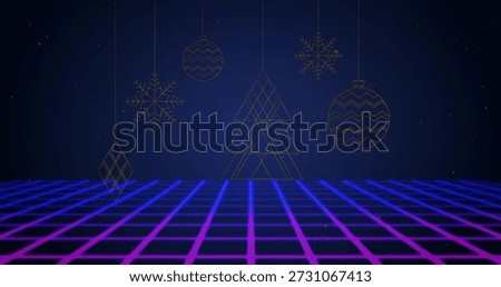 Hanging cluster of wireframe tree, snowflakes and baubles swaying above neon grid stage. Retro, synthwave, geometric, ornaments, triangles, suspended, minimalist