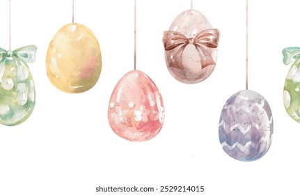 Hanging Easter painted eggs with bows. Hand drawn holiday watercolor illustration - Powered by Shutterstock