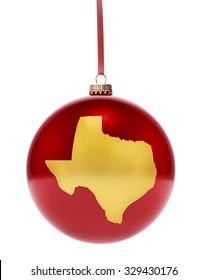 A hanging glossy red bauble with the golden shape of Texas.(series)