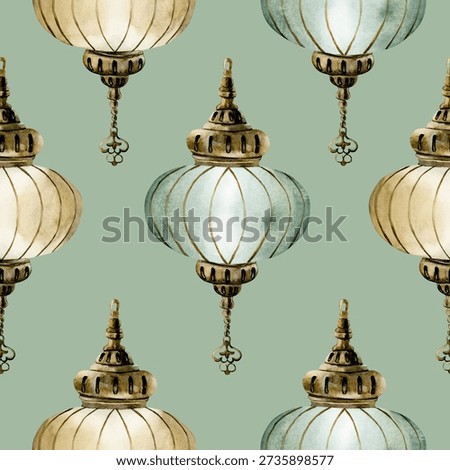 Hanging Lantern Seamless Pattern. Arabic style golden lamp Watercolor hand painted isolated illustration on turquoise background Ramadan design Muslim holiday Eid Mubarak Al Fitr Adha wrapping paper