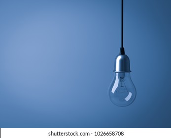 Hanging Light Bulb Isolated On Dark Blue Background . 3D Rendering.