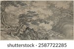 hanging scroll with image mounted sideways; stormy sea at right side; two pine trees and rocky shore frame three deer looking at the sea. Vintage Chinese art. Oriental artwork, Chinese illustration.