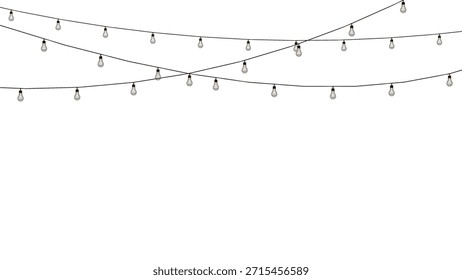 Hanging string lights with clear Edison bulbs on black cables, isolated on a white background. 3D rendering for wedding and event designs.
