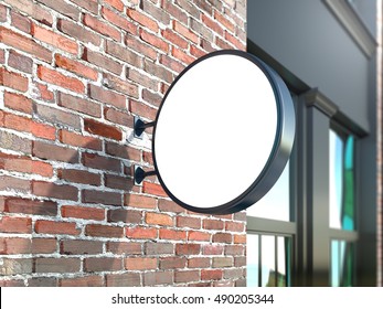 Hanging Wall Sign Mockup, Round Billboard On The Brick Wall, Stock Image, 3d Rendering Signboard