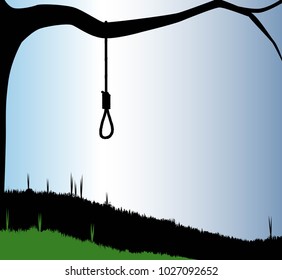 A hangmans noose tied to the branch of a tree in silhouette.