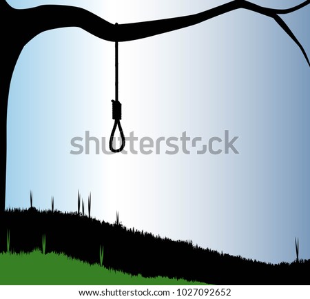 A hangmans noose tied to the branch of a tree in silhouette. Stock foto © 