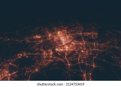 Hangzhou Aerial View At Night. Top View On Modern City With Street Lights. Satellite View With Glow Effect