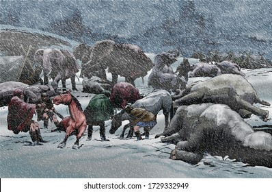 Hannibal. Elephants Die From The Cold And Snow In The Alps During The Second Punic War