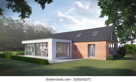 Hanoi / Vietnam - January 2020 : Modern Cozy House With Garage For Sale Or Rent With Many Grass On Lawn. Clear Summer Evening With Soft Sky. Cozy Warm Light From Window, Brick Wall, 3d Rendering