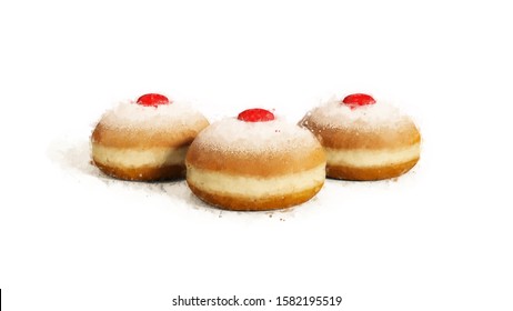Hanukkah bakery doughnut, hand drawn watercolor illustration. Traditional Chanukah donuts 'sufganiyah' isolated on white background, front view. Pastry donut with jam, jelly topping, Hanukkah dessert.