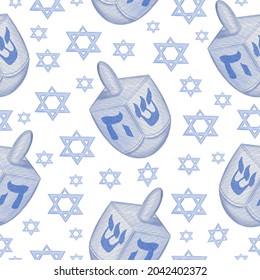 Hanukkah Blue Dreidel Seamless Pattern. Hand Drawn Watercolor Dreidel Digital Paper For Jewish Holidays. Golden David's Star Decoration. Isolated On White Background. Hanukkah.