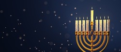 Hanukkah Menorah With Candles On Dark Blue Background With Snowfall. Happy Hanukkah Banner Template, Greeting Card Design With Jewish Candle Holder. 3D Rendering