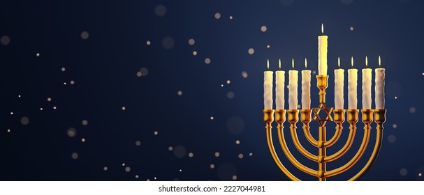 Hanukkah menorah with candles on dark blue background with snowfall. Happy Hanukkah banner template, greeting card design with Jewish candle holder. 3D rendering