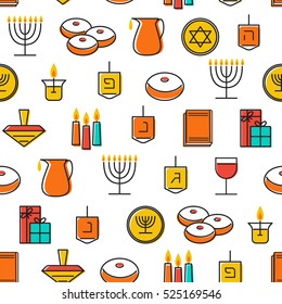 Hanukkah Seamless Pattern. Jewish Holiday Hanukkah Symbol. Menorah (candlestick), Candles, Donuts (sufganiyan), Gifts, Dreidel, Coins, Oil. Happy Hannukah In Hebrew. 