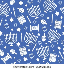 Hanukkah Seamless Pattern With Menorah, Dreidel, Candles, Star Of David. Jewish Holiday Blue Texture, Background. Cute Design For Wallpapers, Children Gift Wrap Paper, Textile Print.