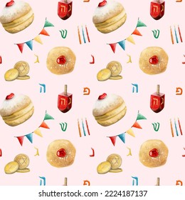 Hanukkah Seamless Pattern With Traditional Donuts, Dreidel., Candles, Coins, Festive Flags, Hebrew Letters For Jewish Holiday Designs, Wrapping Paper