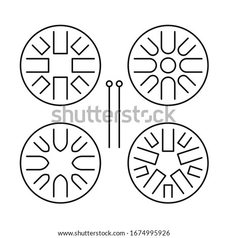 Hapi drum templates set. Handpan or glucophone icons with drum sticks. Adjustable stroke width.