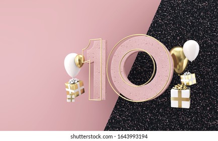 Happy 10th Birthday Party Celebration. Modern Marble Composition 3D Render