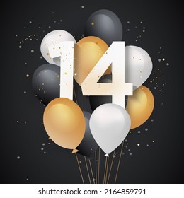Happy 14th birthday balloons greeting card background. 14 years anniversary. 14th celebrating with confetti."Illustration stock"