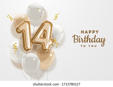 Happy 14th birthday gold foil balloon greeting background. 14 years anniversary logo template- 14th celebrating with confetti. Illustration 3D.