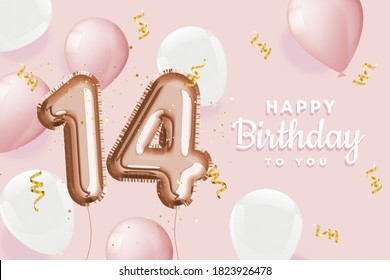 Happy 14th birthday pink foil balloon greeting background. 14 years anniversary logo template- 14h celebrating with confetti."Illustration 3D"