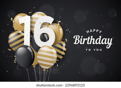 Happy 16th birthday balloons greeting card black background. 16 years anniversary. 16th celebrating with confetti. "Illustration stock" - Powered by Shutterstock