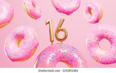 Happy 16th birthday celebration background with pink frosted donuts. 3D Rendering. 3D Illustration - Powered by Shutterstock