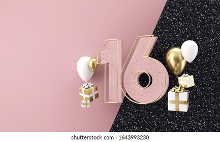 Happy 16th Birthday Party Celebration. Modern Marble Composition 3D Render