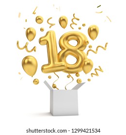 Happy 18th birthday gold surprise balloon and box. 3D Rendering - Powered by Shutterstock