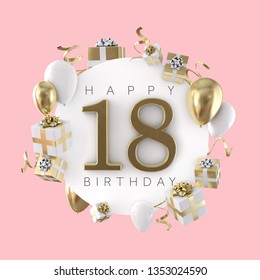 Happy 18th birthday party composition with balloons and presents. 3D Render - Powered by Shutterstock