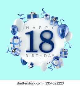 Happy 18th birthday party composition with balloons and presents. 3D Render - Powered by Shutterstock