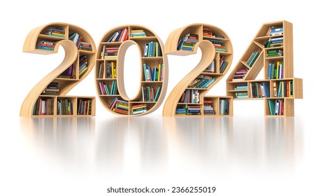 Happy 2024 new year education concept. Bookshelves with books in the form of text 2024. 3d illustration - Powered by Shutterstock