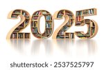 Happy 2025 new year education concept. Bookshelves with books in the form of text 2025. 3d illustration