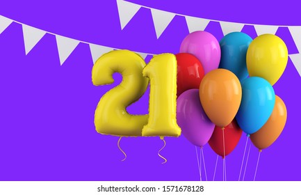 Happy 21st birthday colorful party balloons and bunting. 3D Render - Powered by Shutterstock