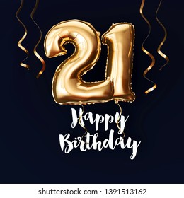 Happy 21st Birthday gold foil balloon background with ribbons. 3D Render - Powered by Shutterstock