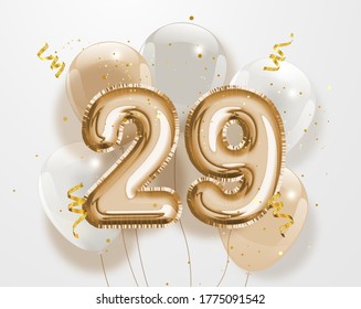 Happy 29th birthday gold foil balloon greeting background. 29 years anniversary logo template- 29th celebrating with confetti. "Illustration 3D" - Powered by Shutterstock