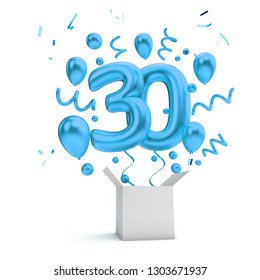 Happy 30th Birthday Blue Surprise Balloon And Box. 3D Rendering