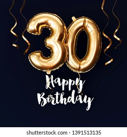 Happy 30th Birthday Gold Foil Balloon Background With Ribbons. 3D Render