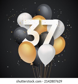 Happy 37th birthday balloons greeting card background. 37 years anniversary. 37th celebrating with confetti. "Illustration 3D"