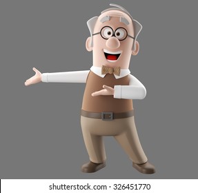 Happy 3d cartoon icon of vital old man, grandfather retired, in a brown suit with a vest with bow tie, isolated without background, diopter glasses on the eyes - Powered by Shutterstock