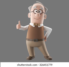 Happy 3d cartoon icon of vital old man, grandfather retired, in a brown suit with a vest with bow tie, isolated without background, diopter glasses on the eyes - Powered by Shutterstock