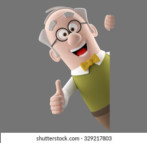 Happy 3d cartoon icon of vital old man, grandfather retired, in a green vest with bow tie, isolated without background, diopter glasses  - Powered by Shutterstock