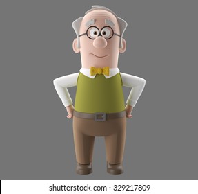 Happy 3d cartoon icon of vital old man, grandfather retired, in a green vest with bow tie, isolated without background, diopter glasses 