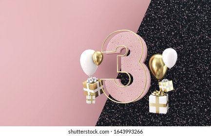 Happy 3rd Birthday Party Celebration. Modern Marble Composition 3D Render