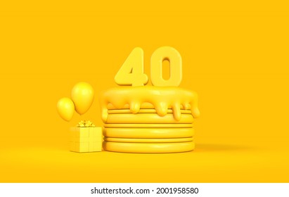 Happy 40th Birthday Celebration Cake With Present And Balloons. 3D Rendering