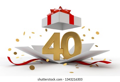 Happy 40th Birthday Gold Surprise Boxwith Red Ribbon. 3D Rendering